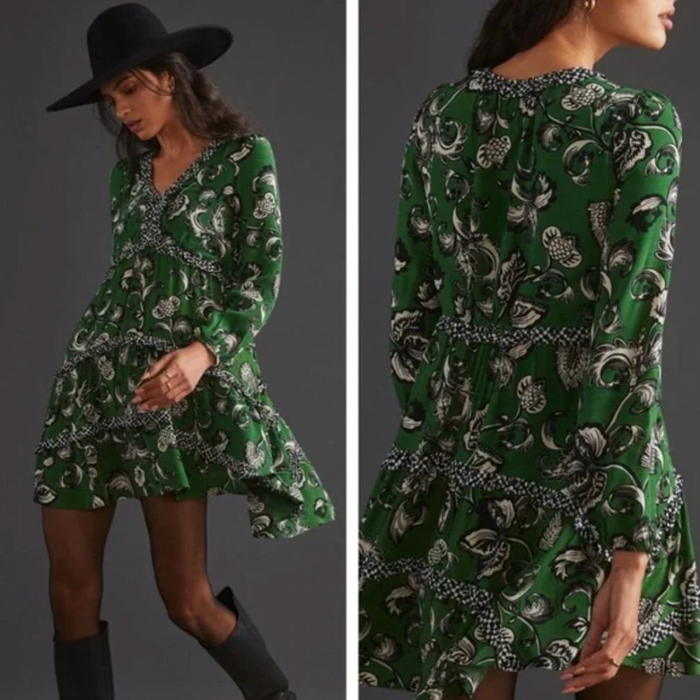 Anthropologie tiered V-neck mini dress small